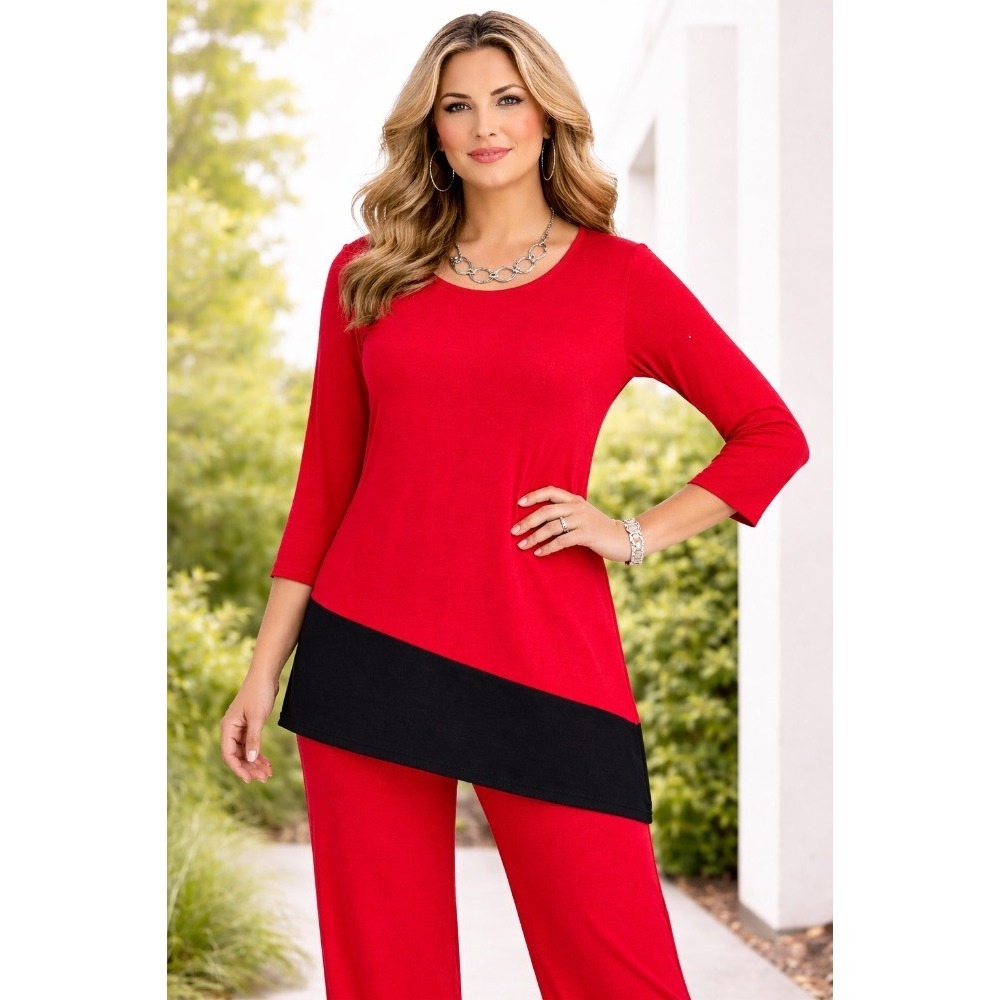 Chico's Travelers Red Asymmetrical Colorblock Top Size 1 Medium 3/4 Sleeve‎